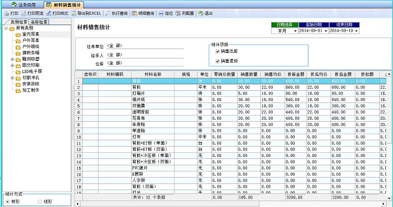 飛揚(yáng)動力廣告公司管理系統(tǒng)材料銷售統(tǒng)計報表